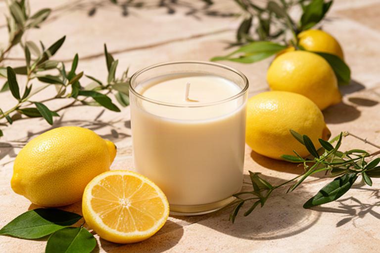 Vela aromática de tonos crema junto a limones y hojas de cítricos mediterráneos