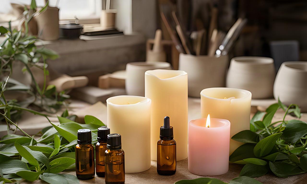 Velas de cera de soja junto a hojas verdes y aceites esenciales sobre una mesa de taller artesanal