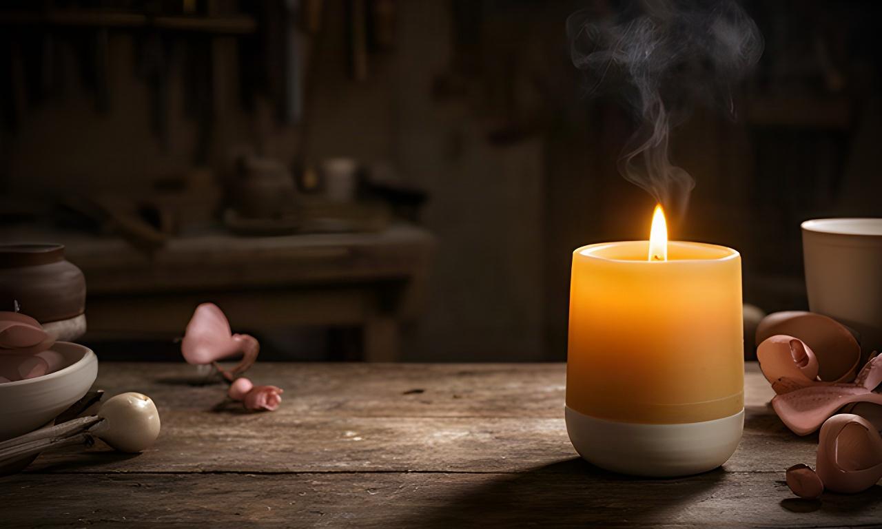 Vela aromática encendida sobre una mesa de madera, rodeada de sombras cálidas y detalles artesanales
